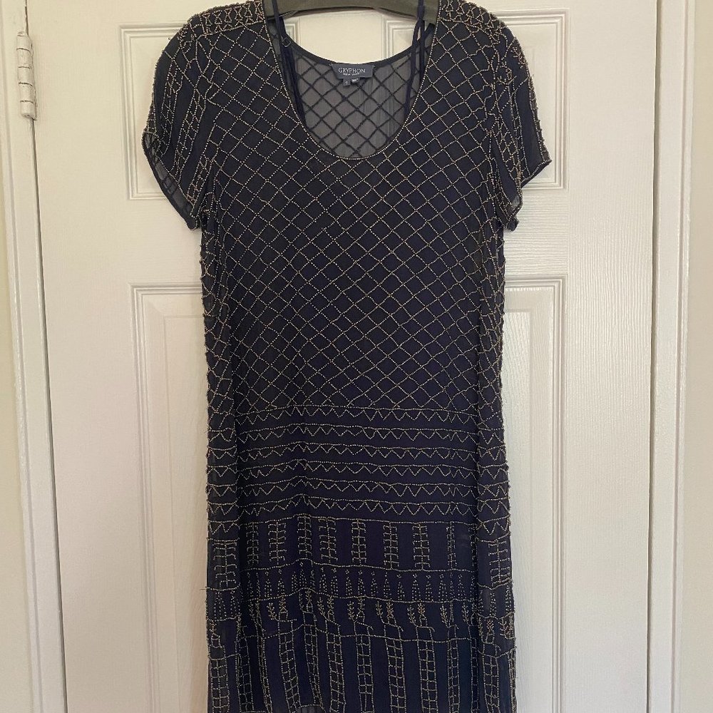 Navy and Gold Beaded T-Shirt Dress with Slip